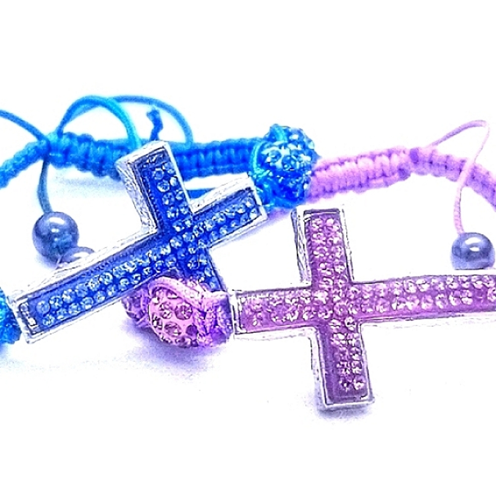 TWO Bracelets Sparkling Cross A Purple & A Blue Set